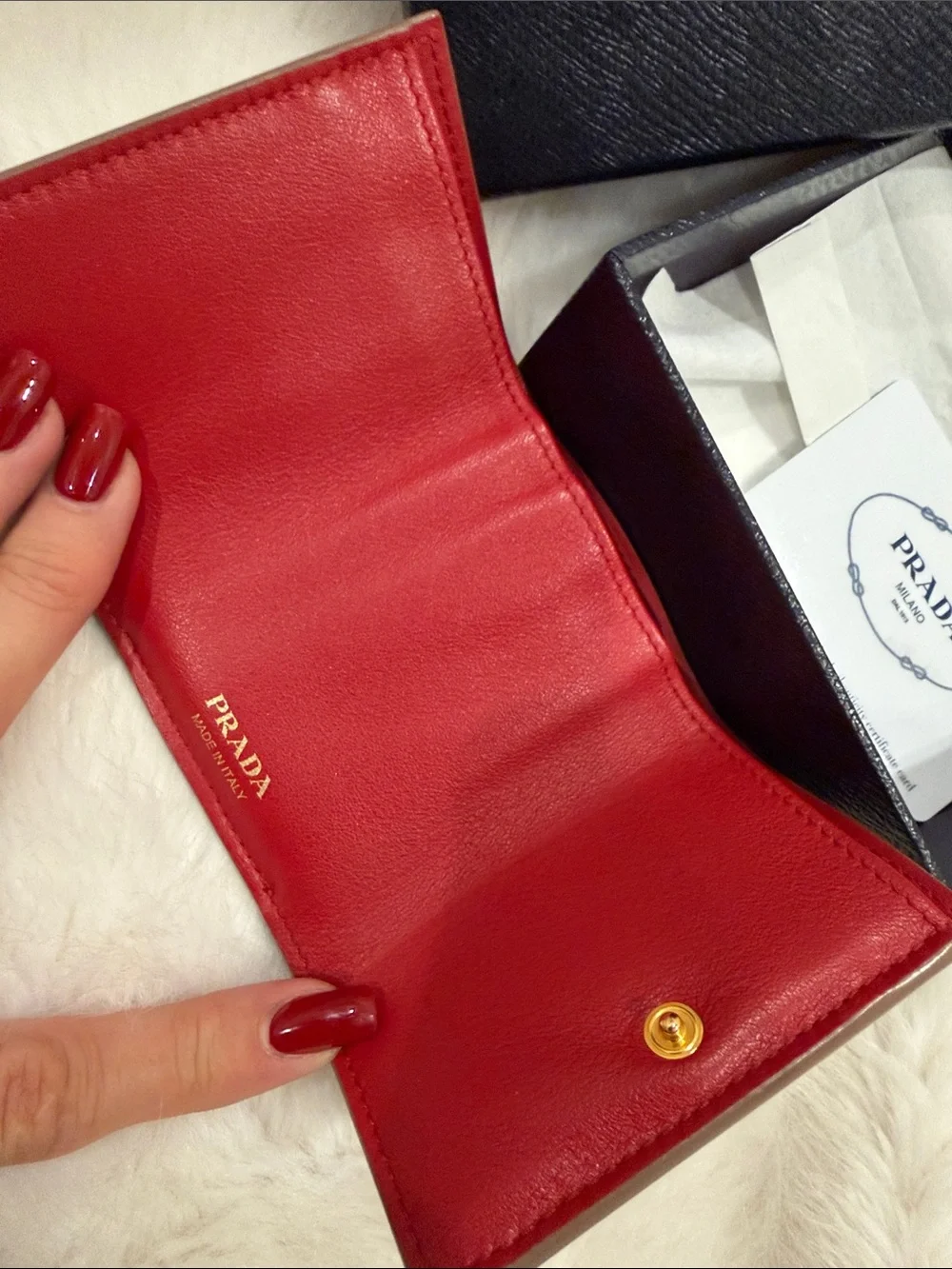 Prada Beige Leather Heart-Print small wallet Gold Logo Authentic card org box!